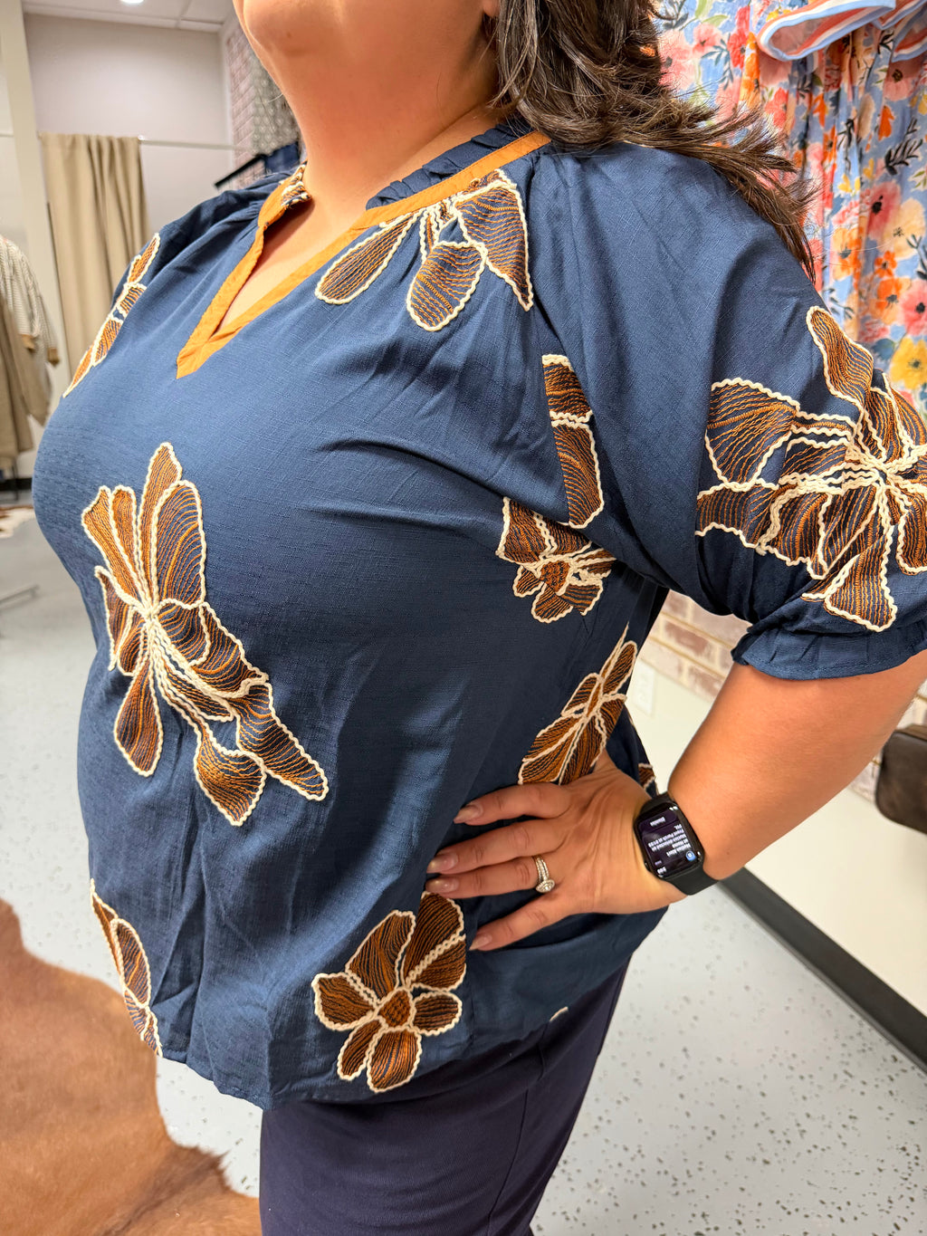 Denim Embroidered Top