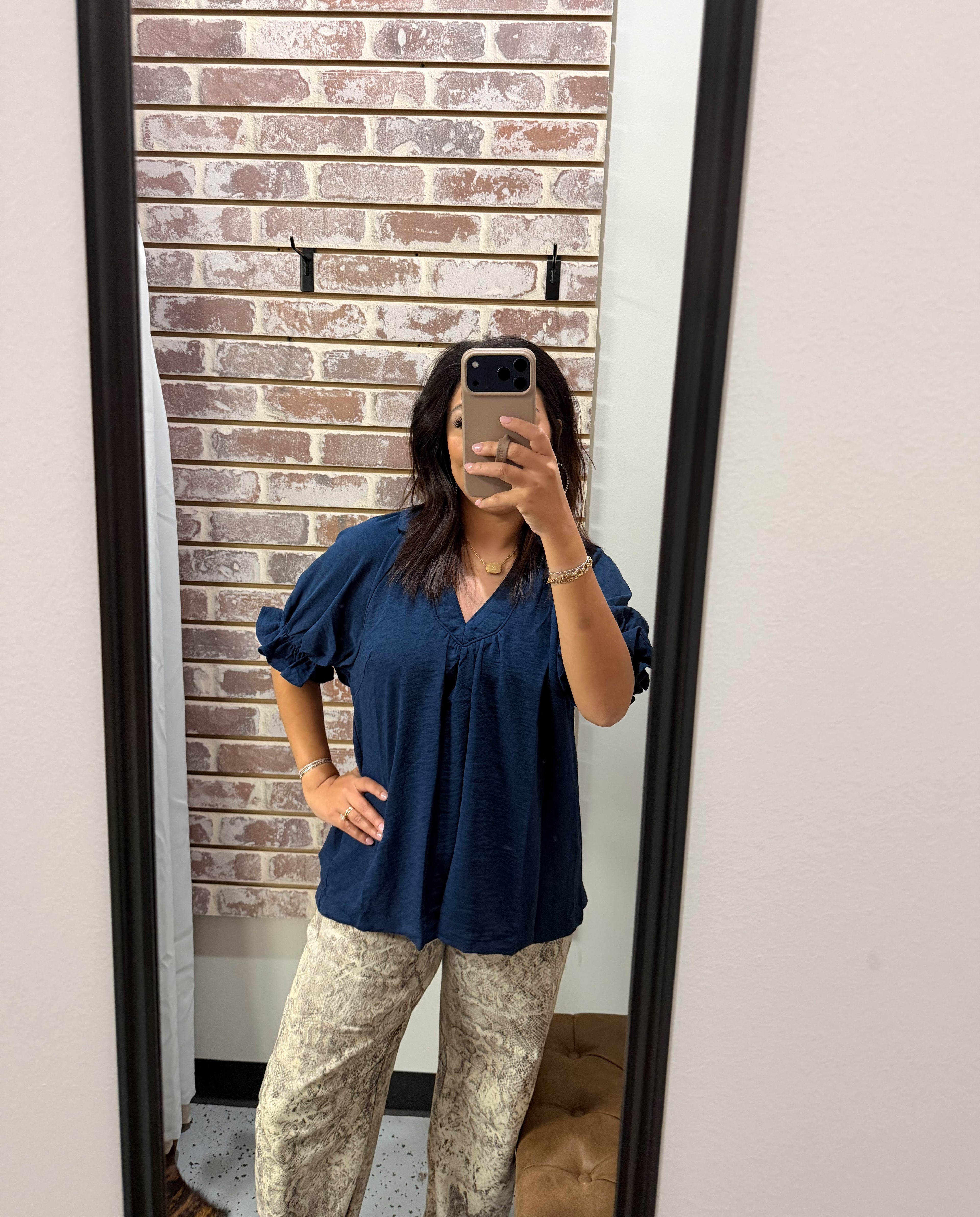 Navy V Neck Top