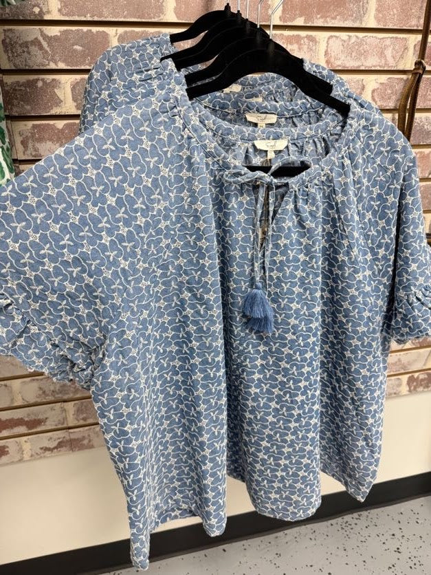Washed Denim Embroidered Top