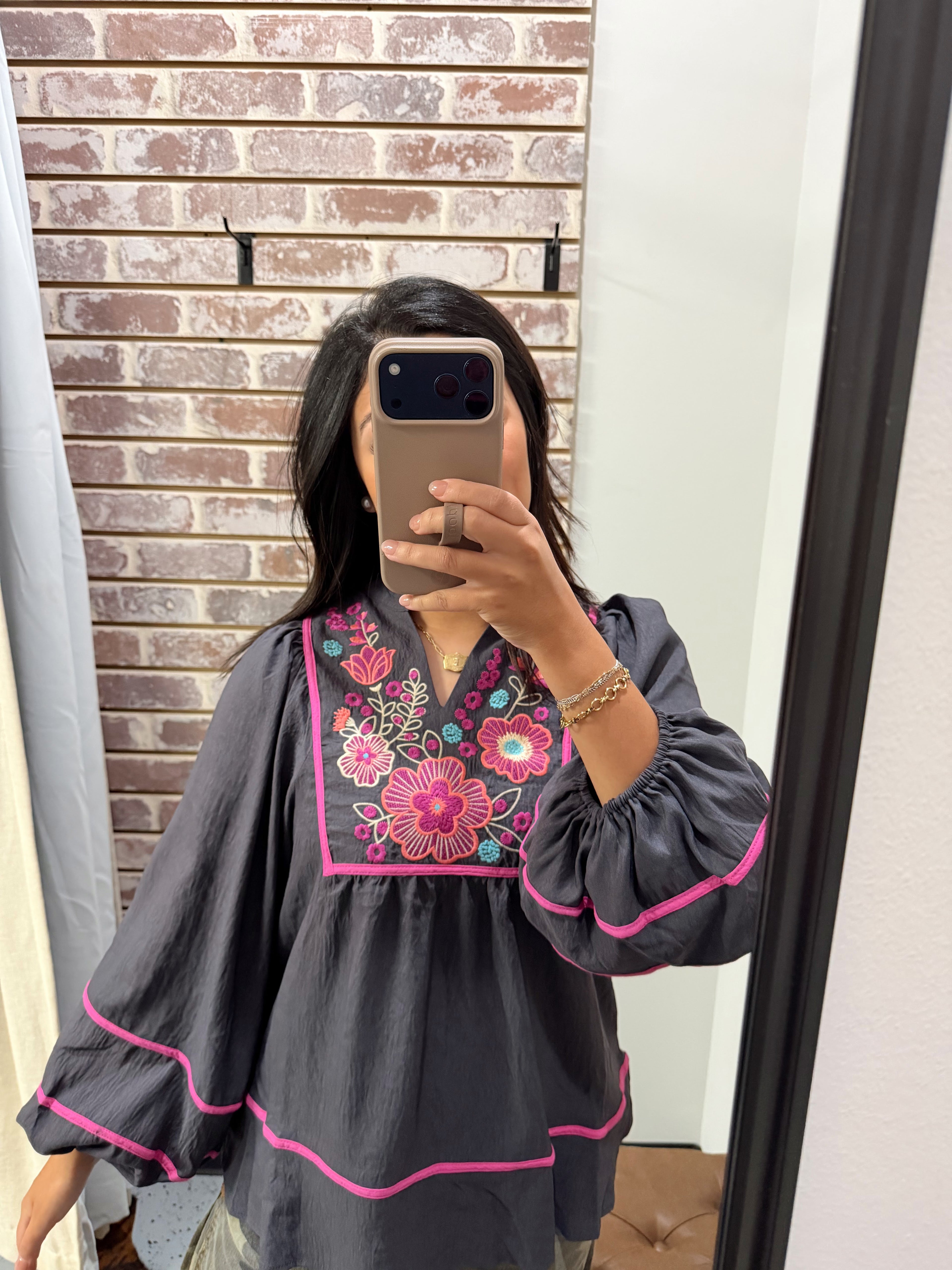 Charcoal Floral Embroidered Top